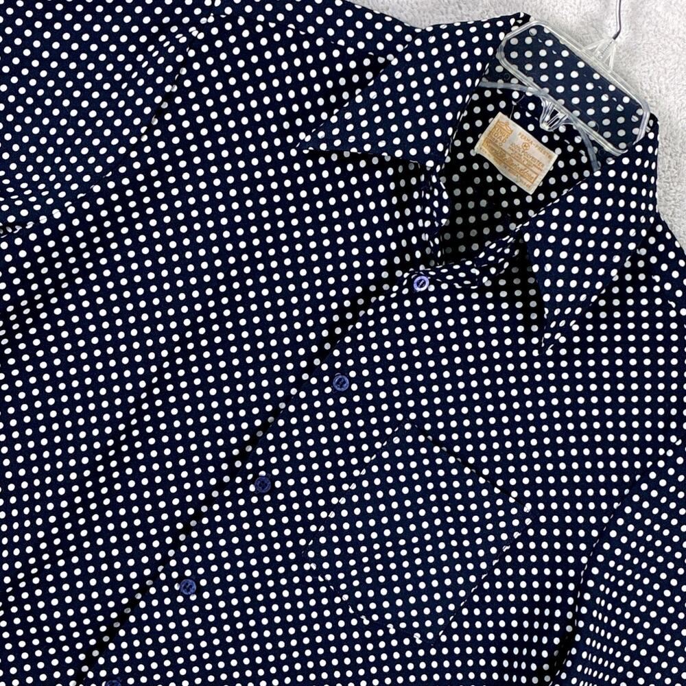 VTG Sears Kings Road Camp Shirt Mens M Navy Polka Dot Dagger Collar Disco 70s